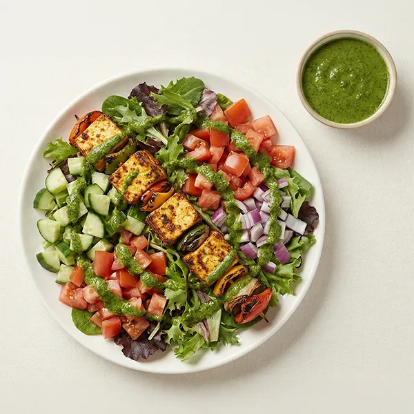 Paneer Tikka Salad with Cucumber , Tomato and Chutney Dressing